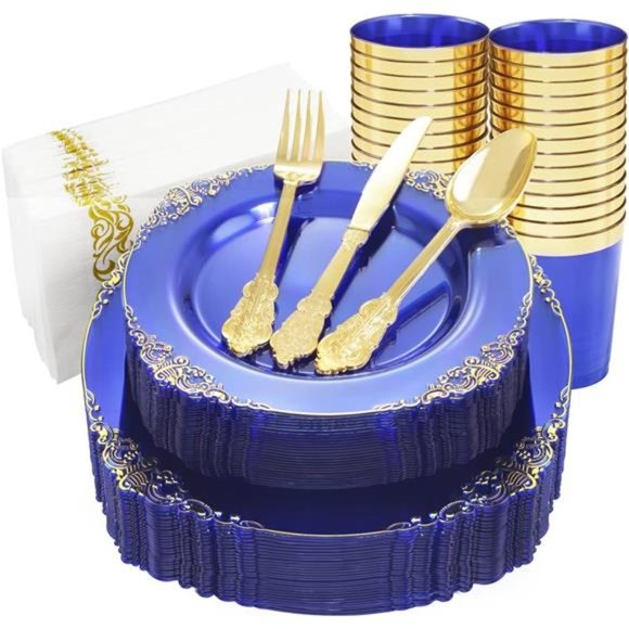 175PCS Clear BlueGold Plastic PlatesSet Include 25Dinner Plates,25Dessert Plates - Picture 1 of 7